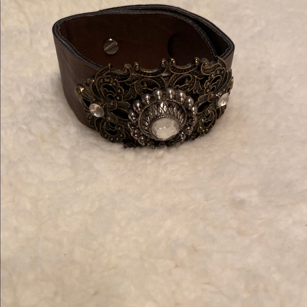 Brown Leather Bracelet with Ornate Silver Detailing
